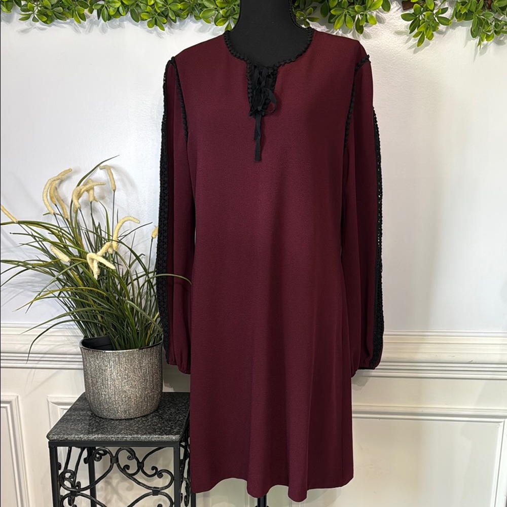 Taylor Anthropologie Long Sleeve Purple Black Crochet Trim A-Line Dress 14